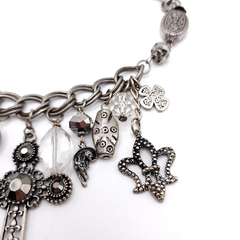 Silver Charm Necklace Cross Rhinestone Fleur De Lis Gothic - Picture 6 of 8